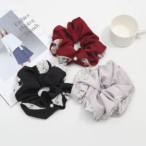 Floral Satin Fabric Scrunchies With Faux Artificial Pearl Decorative Large Elastic Hair Ties Sweet Hair Accessories For Women