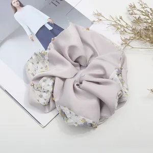 Lavender satin and floral lace oversized scrunchie with gold bead edge detailing