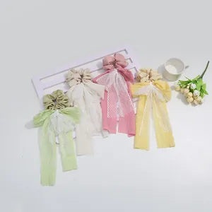 Women Sweet Lace Bow Streamer Scrunchie Pleated Fabric Long Ribbon Hair Tie Elegant Floral Pastoral Style Hair Accessories