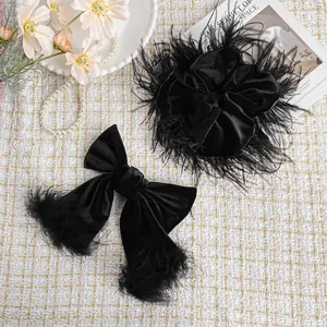 Elegant black velvet hair scrunchie and large feather bow clip set for women
