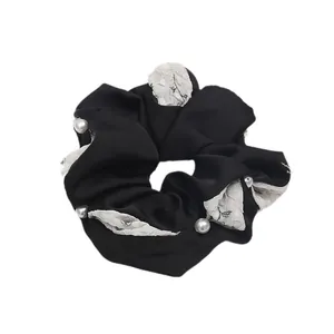 Floral chiffon scrunchie with pearls in black and white elegant hair accessory