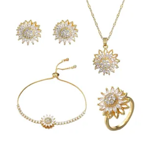 Parure bijoux tournesol dorée avec collier, bracelet, bague et boucles d'oreilles en zircon