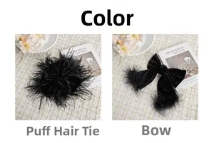 Detail shot of black velvet scrunchie and bow hair clip set with feather accents