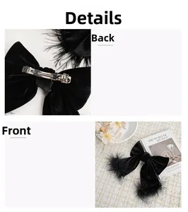 Detail view of black velvet bow hair clip with feather trim and metal spring clip back