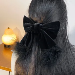 French Vintage Black Velvet Bow Hair Clip And Feather Scrunchie Large Bow Spring Clip Elegant Hair Accessories For Women