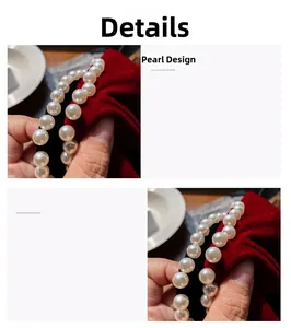 Detailed view of white pearls neatly embedded on red velvet fabric for hair accessories