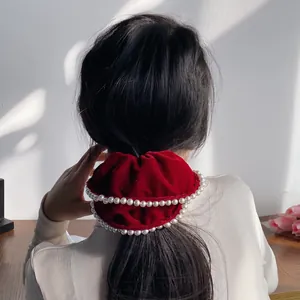 Vintage Velvet Large Scrunchie With Faux Artificial Pearl Trim Elegant Soft Hair Ties For Women Daily Party Hair Accessories