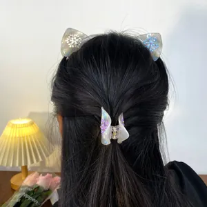 Dolce Fermaglio a Granchio in Acrilico con Orecchie di Gatto Iridescente Fiocco di Neve Strass per Capelli Donna