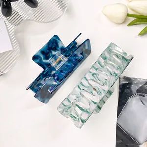 Grandes pinces à cheveux carrées en acrylique avec marbre bleu et vagues vertes