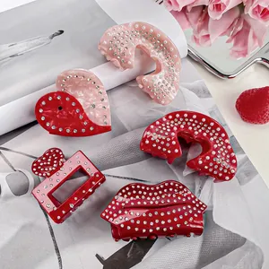 Handmade red acetate heart hair claws with crystals and pearls in a luxury set