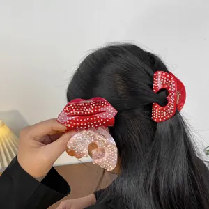 Elegant Acetate Acrylic Heart Lip Shape Hair Claw Clip Rhinestone Pearl Embellished Hair Accessory For Women Valentine Gift