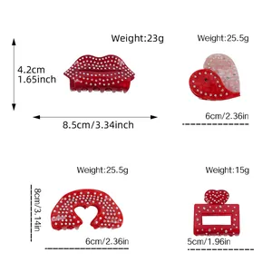 Acetate hair claws with rhinestones in heart and lip shapes, multiple sizes shown