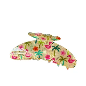 Large floral hair claw clip with pink flamingo and tropical palm tree pattern