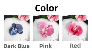 Detailed views of faux orchid hair clips with pearls in deep blue, pink and red colors