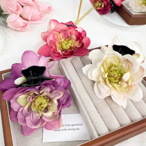 Elegant 3D rose flower hair claw clips in gradient purple, pink, and ivory white colors