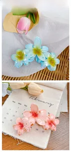 Détail de pinces à cheveux fleur de frangipanier en bleu ciel et rose résine