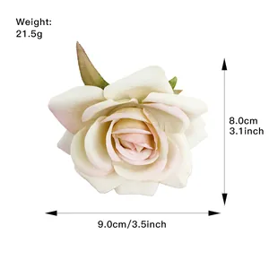 Elegant cream white fabric 3D rose flower hair claw clip for women with green leaf