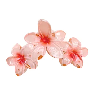 Pince à cheveux fleur de frangipanier avec trois fleurs rose dégradé en résine chic