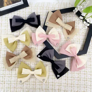 Pince À Cheveux Grand Nœud En Résille De Style Français Avec Strass En Cœur Barrette En Tissu Multicouche Pour Femmes Accessoires De Mode Cheveux