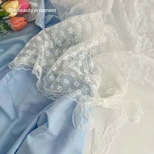 Elegant white lace floral triangle bandana with delicate embroidery and bow design
