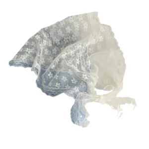 Floral lace triangle headscarf in white with delicate hollow embroidery and ribbons