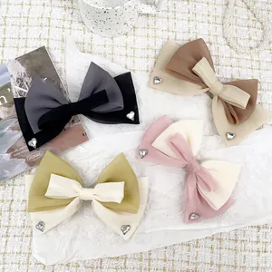 Lot de barrettes à nœuds en maille style français avec cristal cœur en quatre couleurs