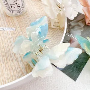 Elegant gradient blue double-layered butterfly hair claw clip with pearl texture