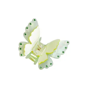 Pince à cheveux papillon double couche élégante avec vert nacré et strass brillants