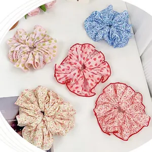 Large Floral Fabric Scrunchie High Elastic Ponytail Holder For Women Girls Sweet Vacation Style Hair Accessories Ruffle Hair Tie