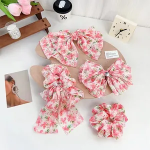 Set di Fermagli per Capelli e Elastici con Fiocco in Chiffon Floreale Dolce Rosa Motivo a Fiori Accessori per Donna
