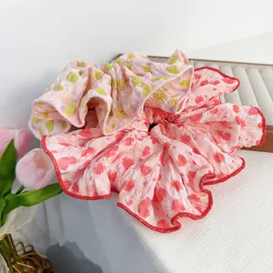 Floral and heart pattern bubble gauze scrunchies set for ponytail hairstyles
