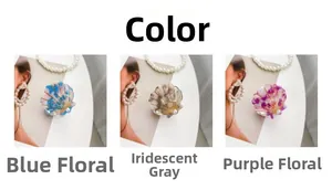 Detailed views of floral shell hair claws with gold wire wrap and center pearl accents