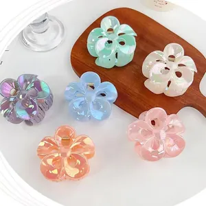 Colorful Hollow Out Plumeria Flower Hair Claw Clip For Women Iridescent Plastic Shark Clip Elegant Floral Hair Accessories