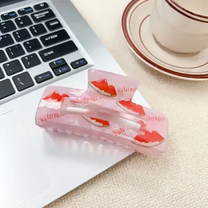 Pinza per capelli rettangolare rosa traslucida con stampa dolce anguria e decorazioni