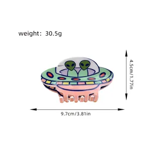 Pince à cheveux alien UFO en acrylique rose avec dimensions et informations de poids