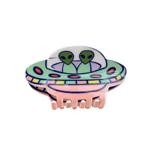 Pince à cheveux OVNI dessin animé avec aliens verts au design spatial rose et menthe