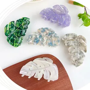 Monstera Leaf Acetate Hair Claw Clip Nonslip Strong Hold Marble Texture Iridescent Shark Clip Hair Accessory For Women