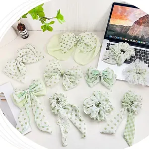 Frische Hellgrüne Polka Dot Schleife Haarschmuck Für Damen Süße Florale Karierte Scrunchies Band Haarbänder Spitze Perle Strass Haarnadeln Elegante Haarklammern