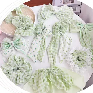 Frische Hellgrüne Karierte Florale Polka Dot Haargummis Schleifen Haarklammern Mit Kunstperlen Spitze Für Damen Mori Stil Zubehör