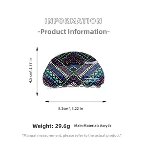 Detailed view of bohemian acrylic hair claw clip with colorful geometric ethnic patterns