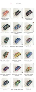 Close-up of bohemian semi-circular hair claws in 18 diverse ethnic geometric patterns