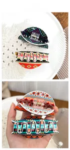 Detail showing bohemian patterned acrylic hair claws with tiled and hand-held views