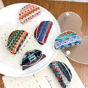 Bohemian Ethnic Style Acrylic Half Round Hair Claw Clip Geometric Pattern Large Shark Clip Hair Accessory For Women