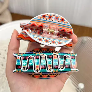 Bohemian large acrylic hair claw clips with ethnic patterns for women long thick hair