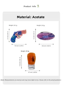 Detailed size and weight dimensions for novelty acetate hair clips in pistol and boxing shapes