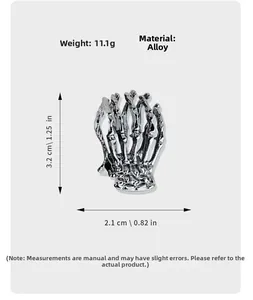 Detailed size chart for silver skull hand claw hair clip with alloy material specifications