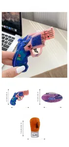 Detailed size chart of novelty acetate hair claws in pistol, CD, and boxing glove shapes