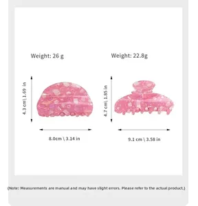 Detailed sizing chart for pink marble hair claws with measurements in cm and weight info