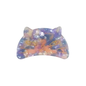 Cat shaped acetate hair claw clip with colorful oil painting pattern and metal teeth