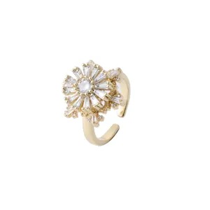 Adjustable golden flower ring with micro-set rectangular and round zircon crystals